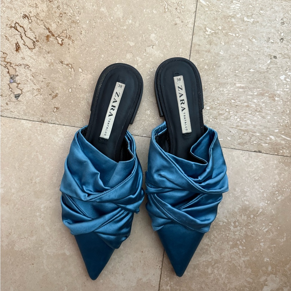 ZARA Teal Satin Knotted Pointed-Toe Slide Mules